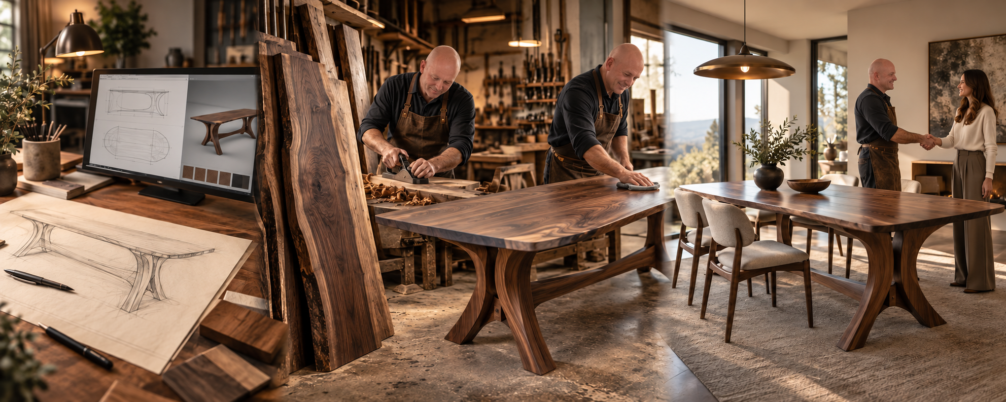 Ken crafting a contemporary walnut dining table from sketch and digital design through wood selection, hand craftsmanship, finishing, installation and client partnership